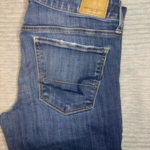 American Eagle Outfitters Blue Jeans with Contrast Stitching and Worn Look